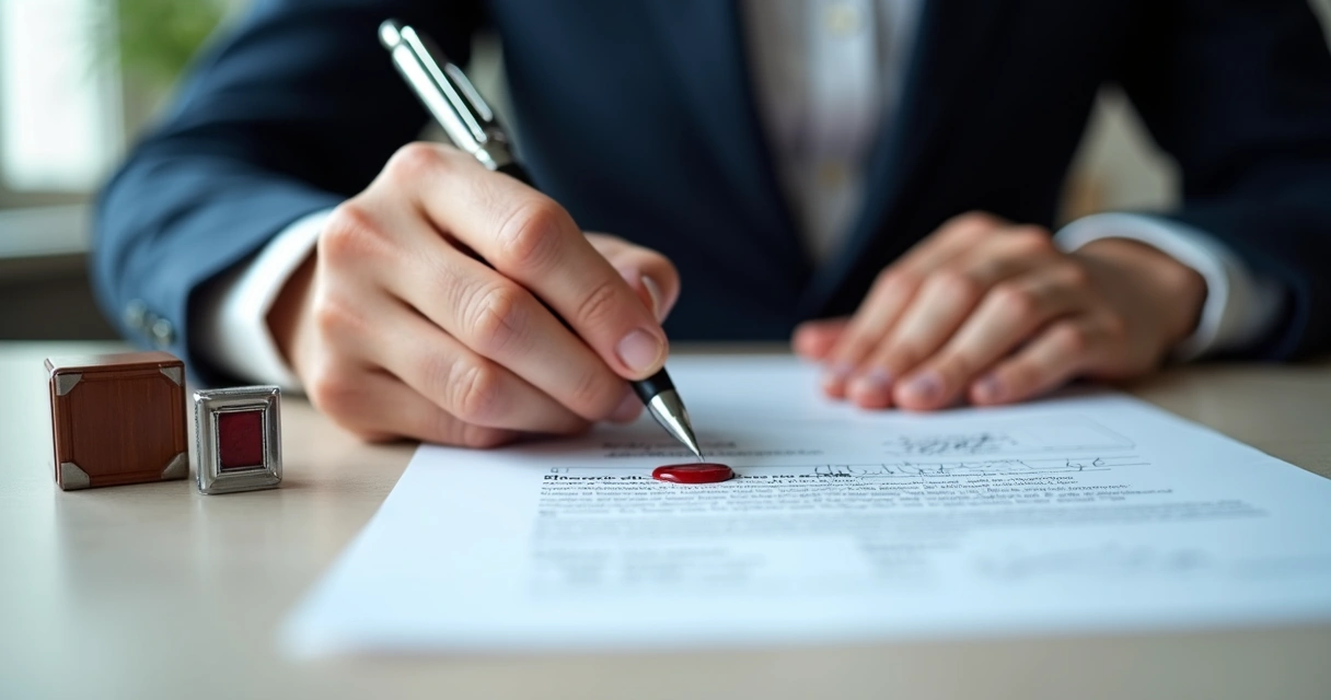 Tradutor público assinando documento empresarial 