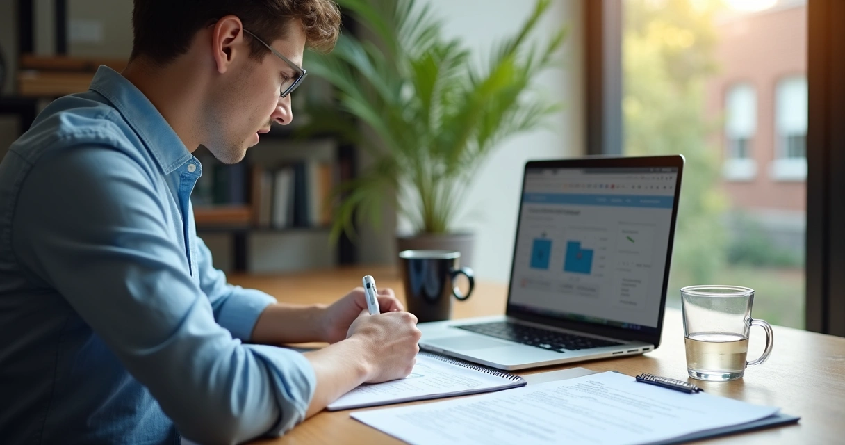 Pessoa revisando manual técnico em francês ao lado de laptop e bloco de anotações 