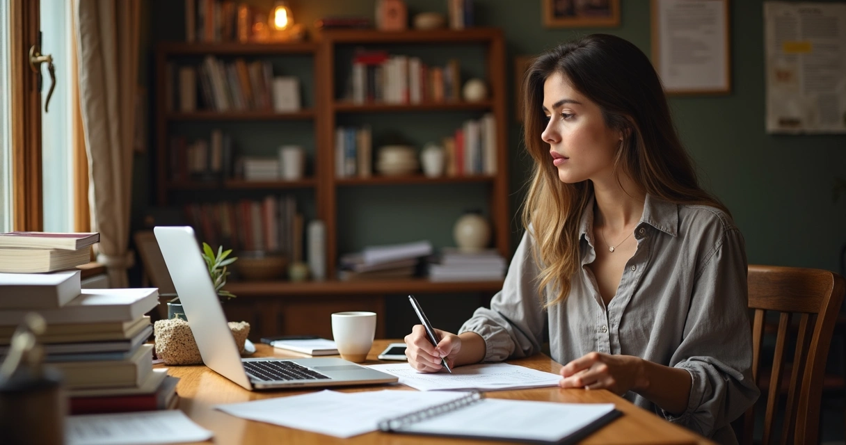 Mulher traduzindo textos com café e livros na mesa