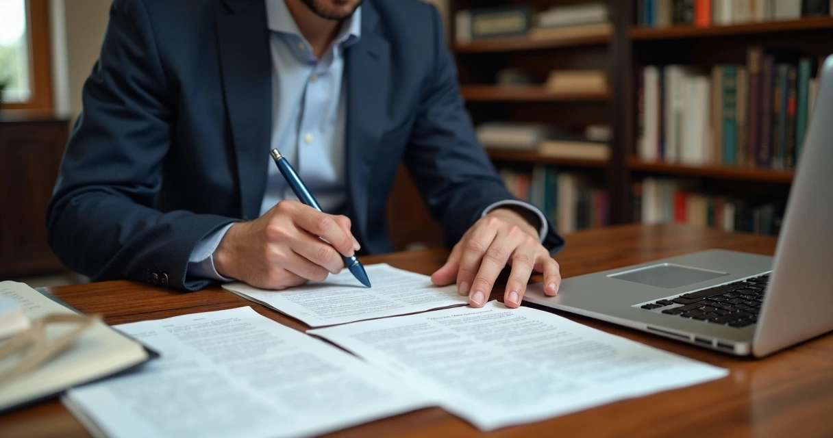 Profissional revisando tradução de documentos em italiano na mesa de escritório 