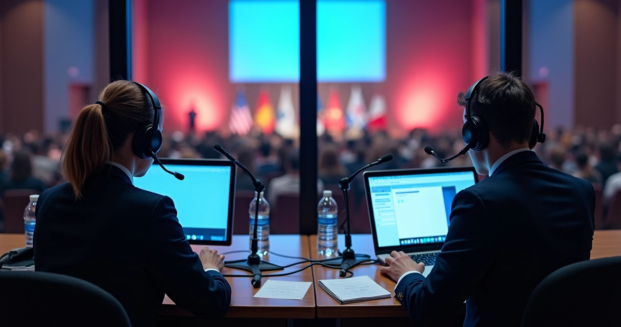 Intérpretes em cabine realizando tradução em tempo real em congresso 