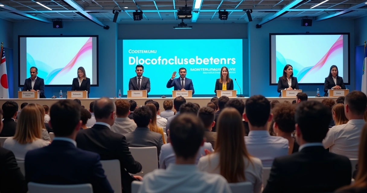 Equipes de intérpretes de diversos idiomas em evento 