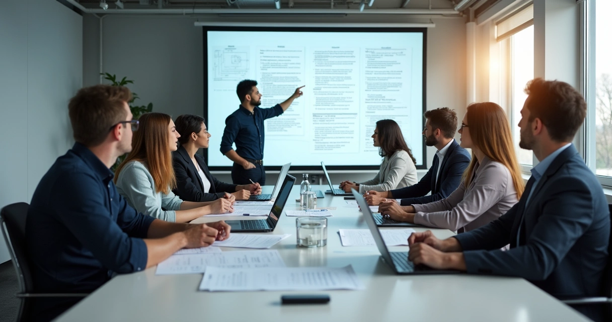 Reunião de tradutores técnicos revisando documentos 