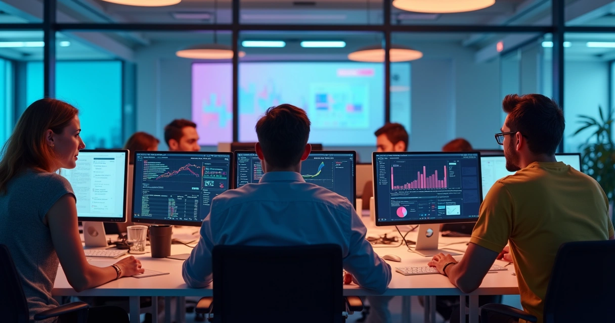 Equipe de marketing digital em frente a computadores, acompanhando gráficos de tráfego e estratégias de captação de leads. 