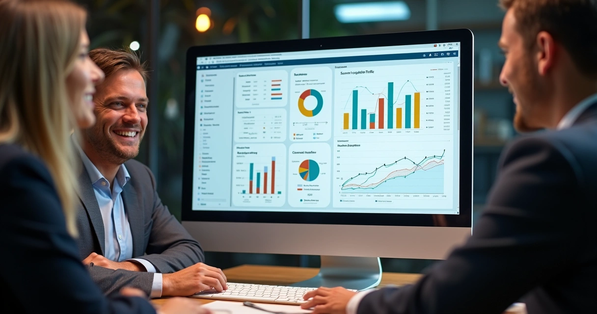 Computador exibindo dados de tráfego qualificado com gráficos coloridos 