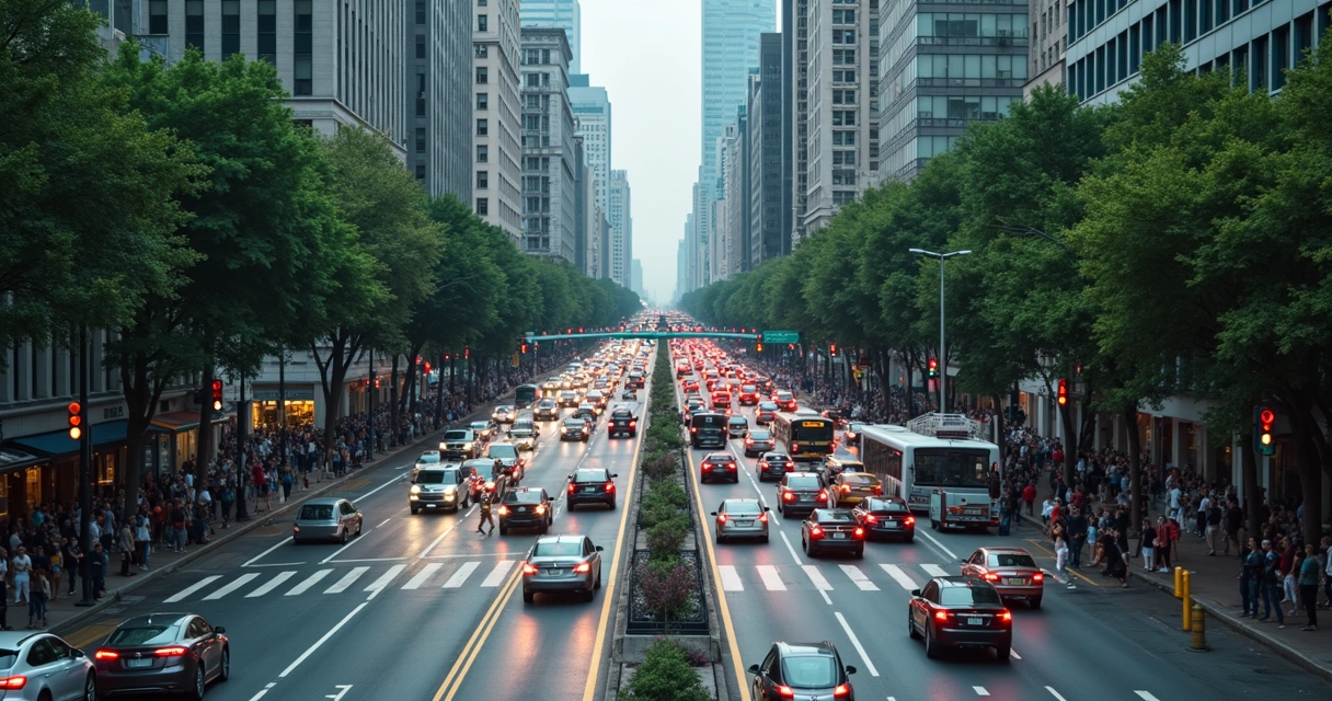 Trânsito intenso em uma avenida de cidade grande com prédios ao fundo 