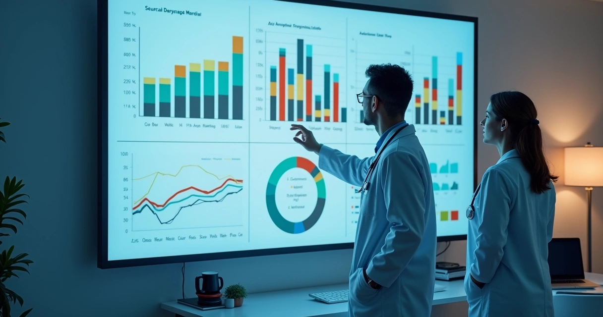 Equipe médica analisando gráficos digitais de anúncios em tela na clínica 