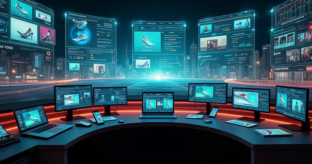 Visão panorâmica de um centro de controle de e-commerce com painel de dados de tráfego pago em destaque 