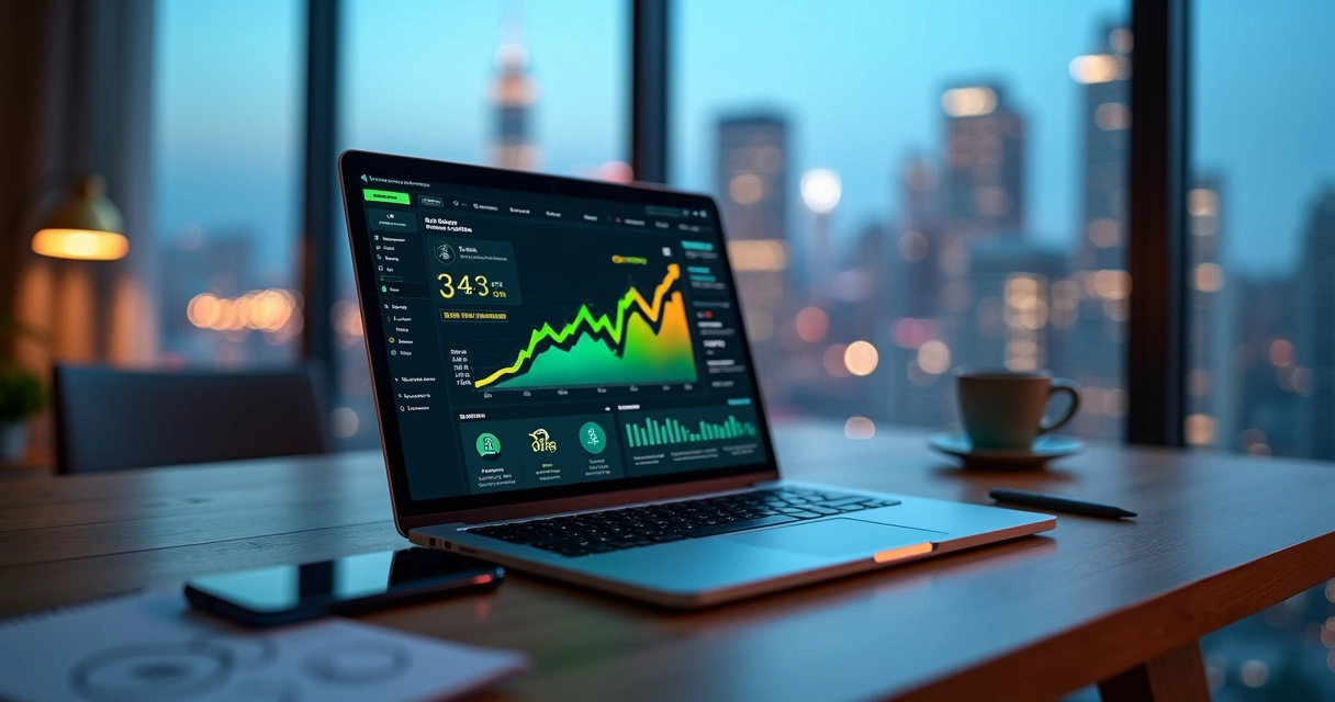 Tela de notebook com painel de anúncios e gráficos de vendas em alta 