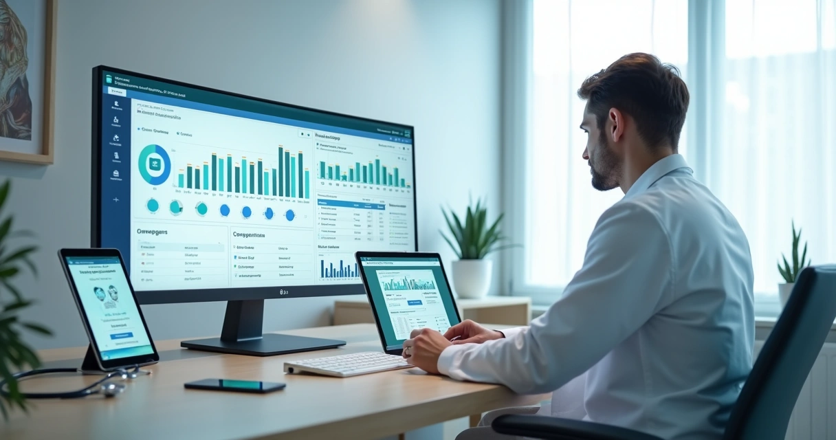 Médico em consultório analisando anúncios digitais em tela com gráficos de captação de pacientes 