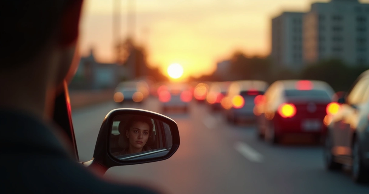 Vista de carros em um congestionamento ao pôr do sol, com motorista refletido no retrovisor. 