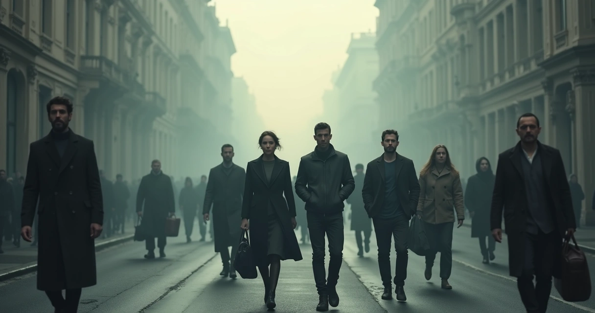 Pessoas caminhando em uma rua vazia com clima de tensão