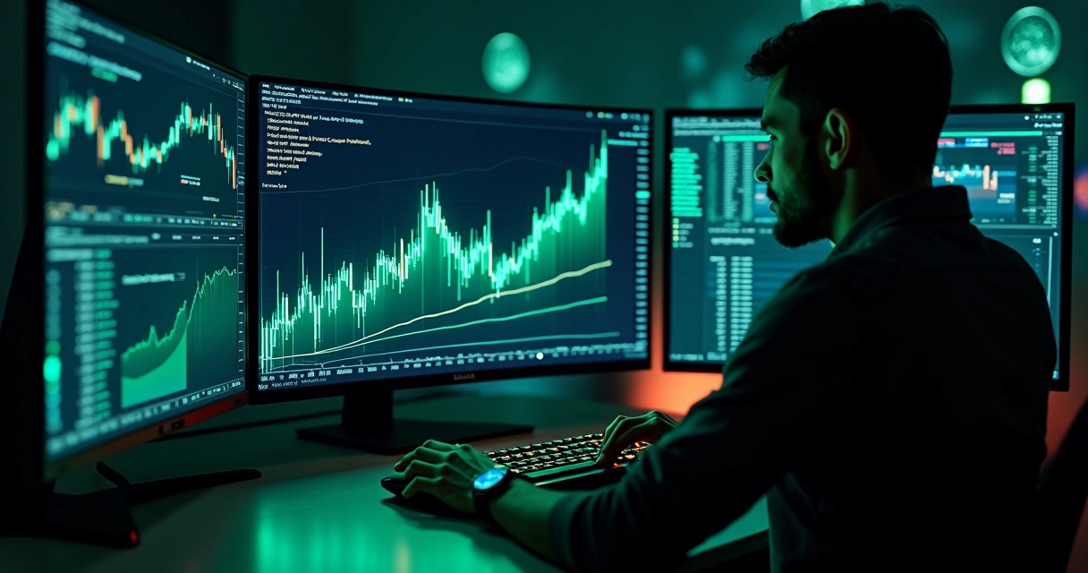 Painel de trading de criptomoedas com gráfico exibindo trailing stop automatizado por IA 