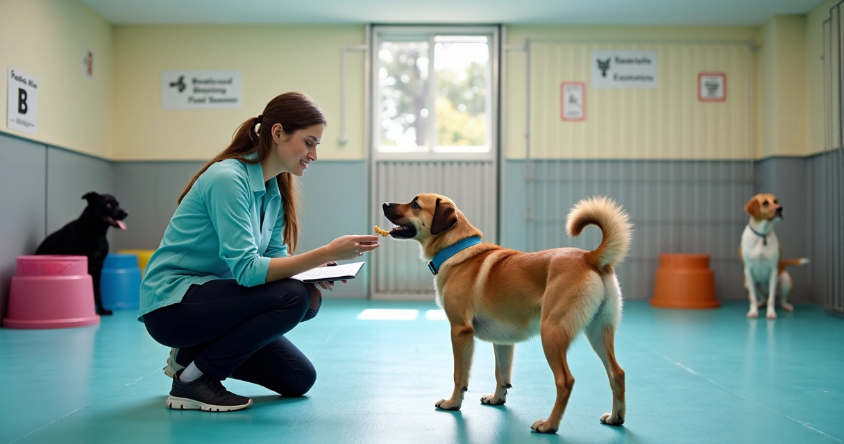 Trainer assessing a dog in an indoor play area.