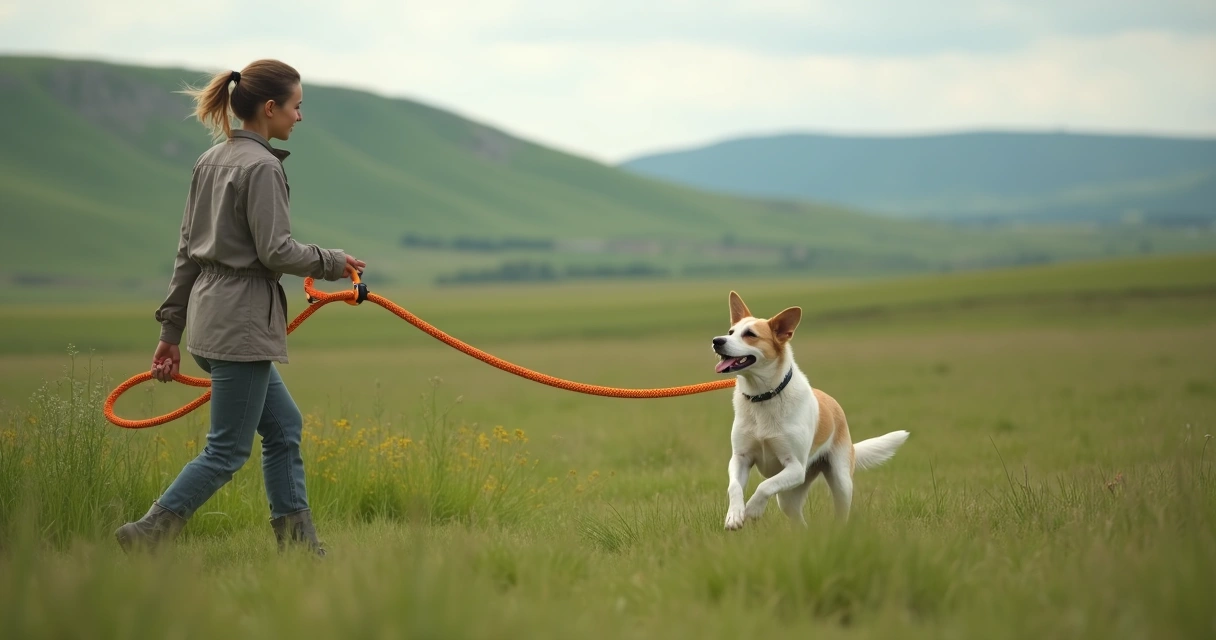 Trainer using a long line in a field 