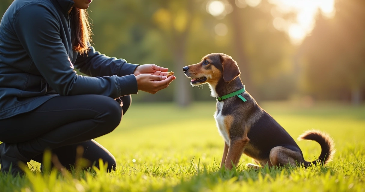 Trainer kneeling, offering a treat to a sitting dog