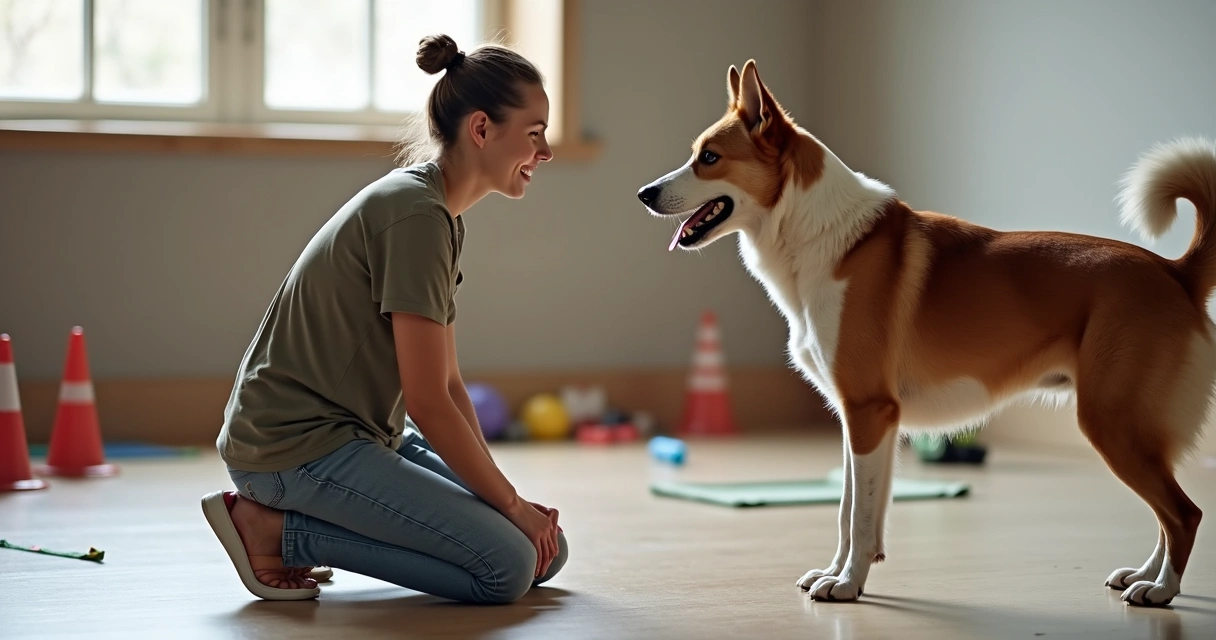 Trainer kneeling and watching a dog’s body language during a training session