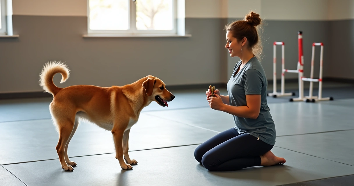 Trainer kneels as a dog offers a play bow.