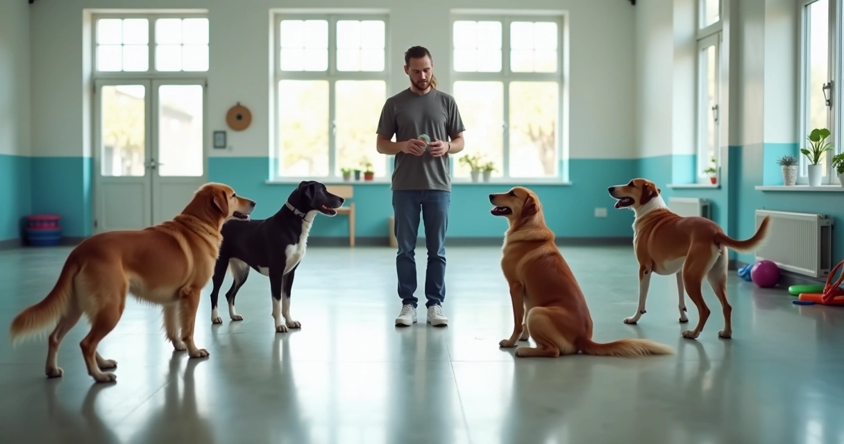Professional pet trainer guiding a group of dogs during an indoor training session 