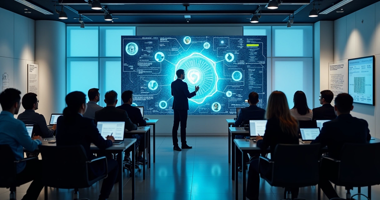 Equipe de colaboradores sendo treinada por especialista em sala digital moderna 