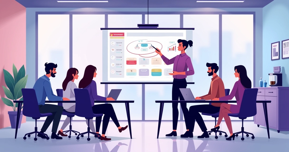 Treinamento prático de parceiros com notebooks em sala moderna 