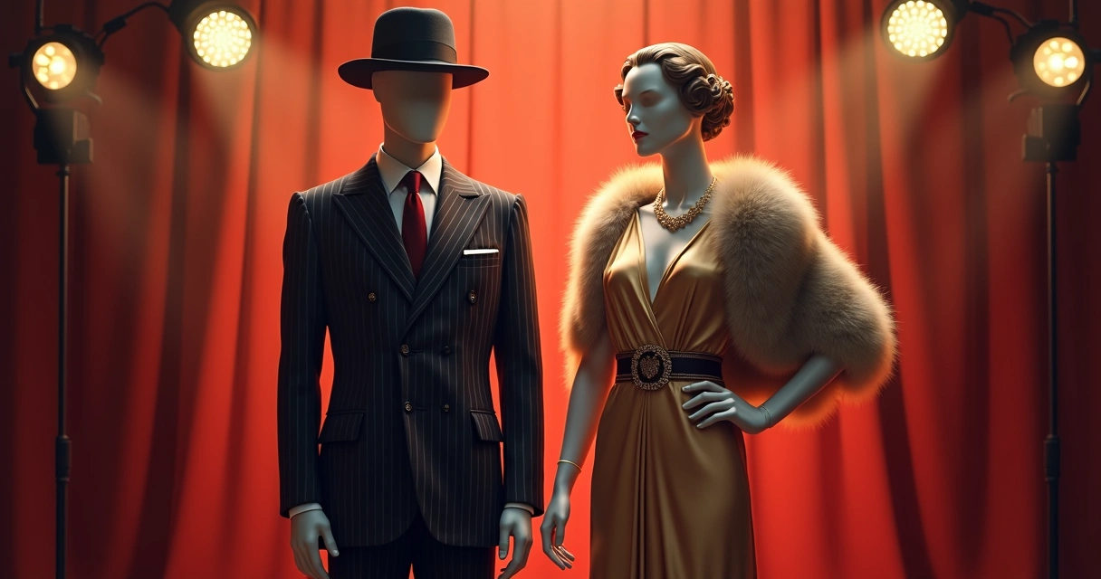 Trajes clássicos de personagem masculino e feminino dos anos 30 exibidos em manequins 