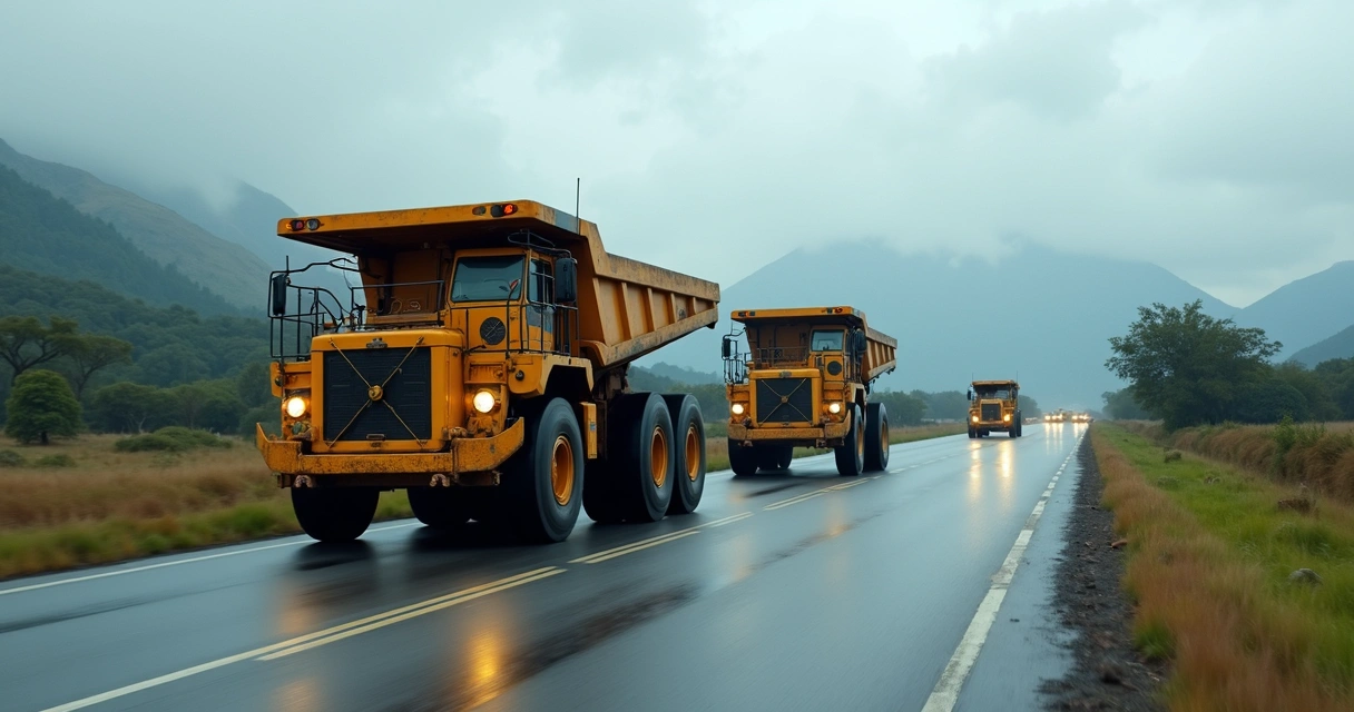 Caminhão transportando equipamento volumoso em rodovia com escolta