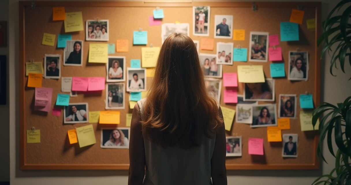 Pessoa olhando para um mural com fotos e anotações sobre sua trajetória de vida. 