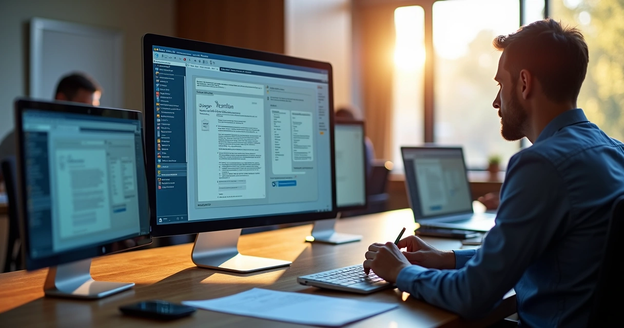 Tramitação legislativa digital detalhada com computador, documentos e assinatura digital 