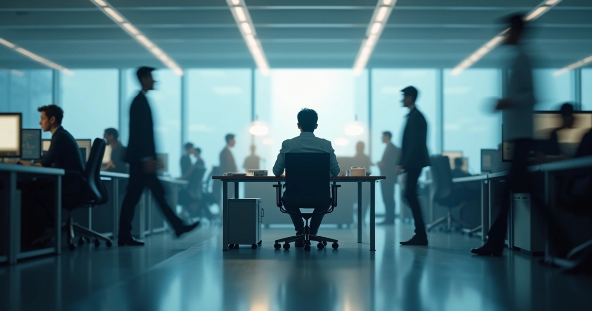 Persona manteniendo la calma en una oficina llena de actividad y estrés 