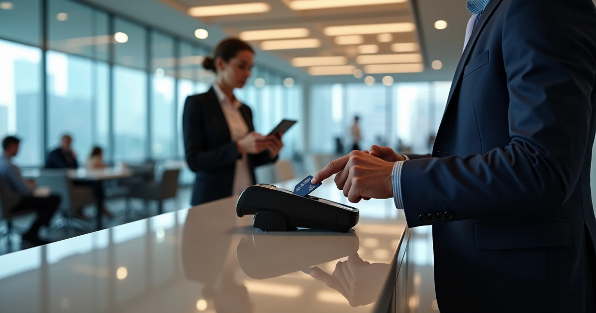 Executivo realizando pagamento com cartão contactless 