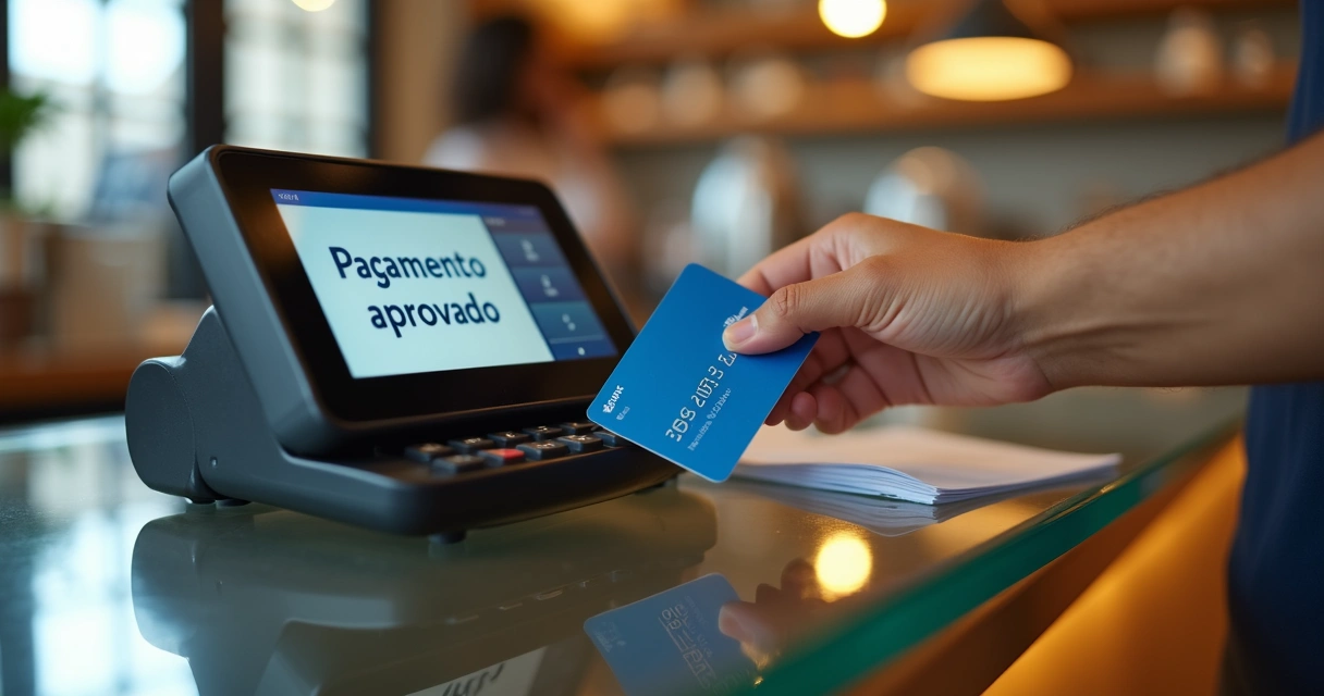 Terminal de pagamento exibindo mensagem de pagamento aprovado com cartão e mão de cliente 