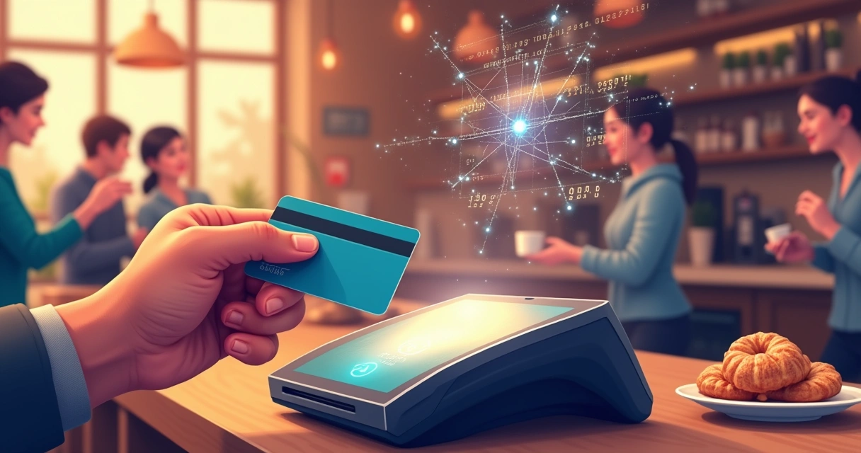 Transação eletrônica com um cartão de crédito em um café moderno, destacando tecnologia TEF.