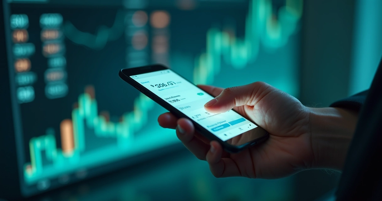 Pessoa utilizando smartphone para realizar transferência internacional de dinheiro com gráficos financeiros ao fundo 