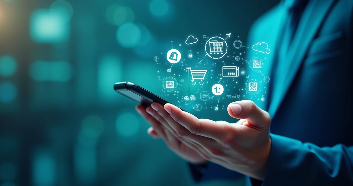 Ilustração de uma transação digital com cartões e códigos 