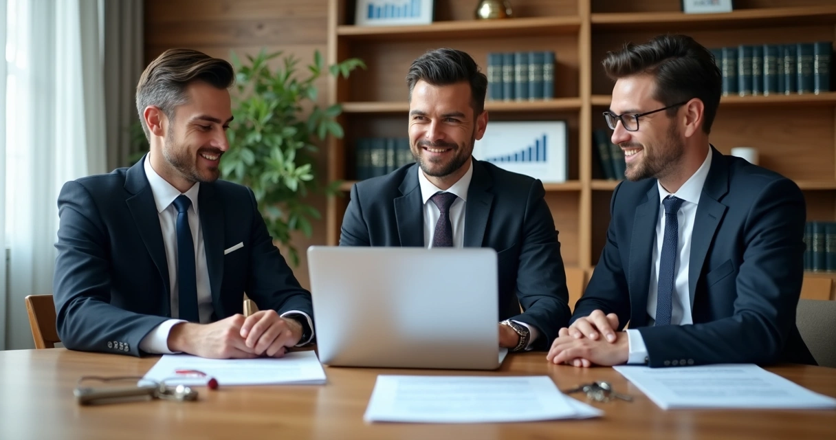 Mesa de negociação entre comprador, vendedor e agente neutro com documentos e chave de imóvel 