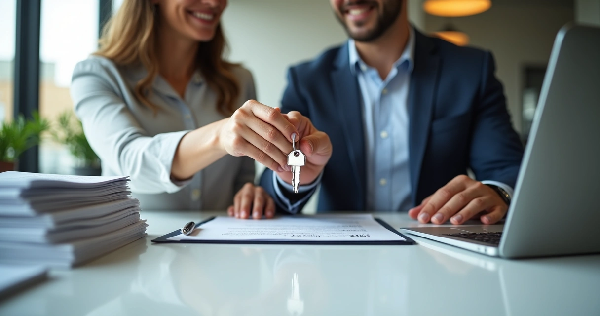 Agente imobiliário entregando chave após assinatura de contrato entre duas pessoas 