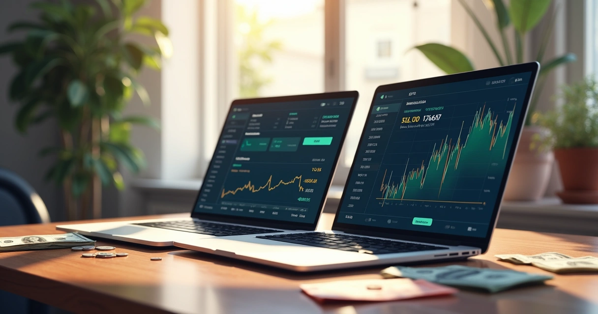 Notebooks com gráficos financeiros e dinheiro em diferentes moedas 