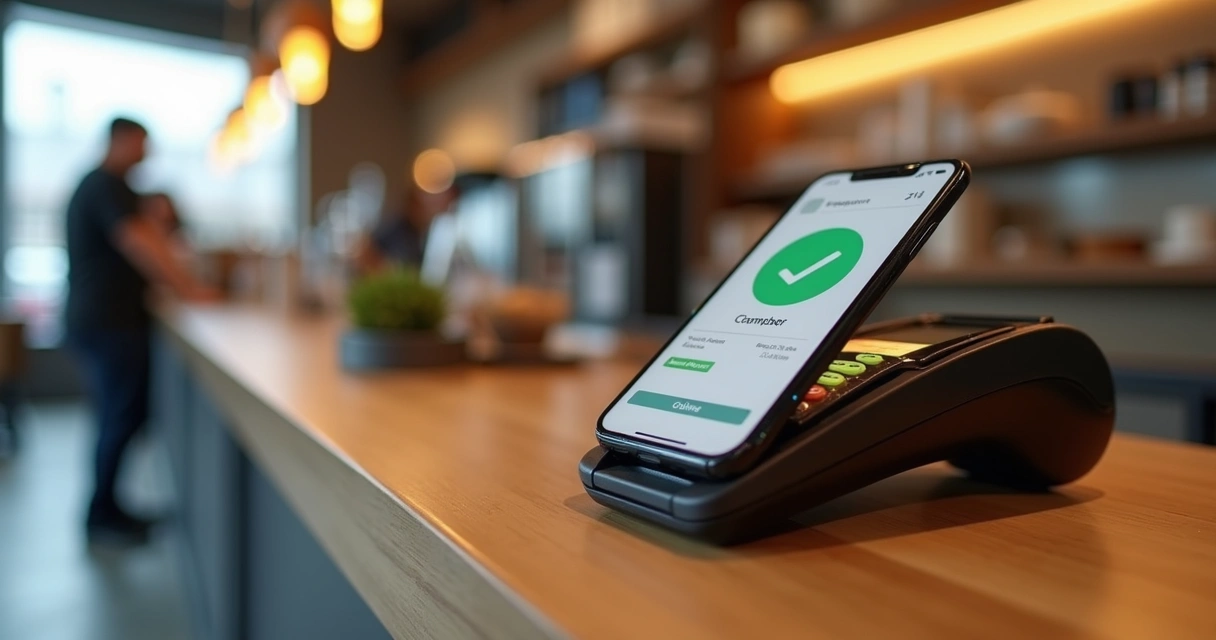 Terminal de pagamento digital e notificação de transação aprovada em tela 