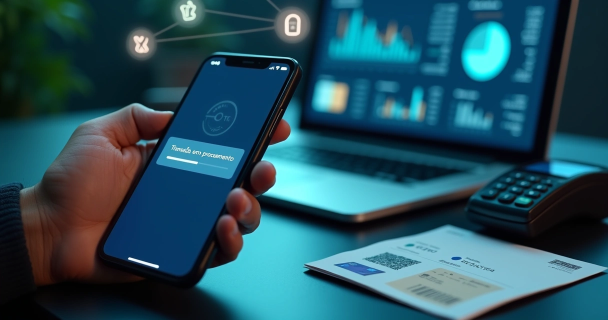Tela de celular mostrando pagamento em processamento com ícones de cartão Pix e boleto 