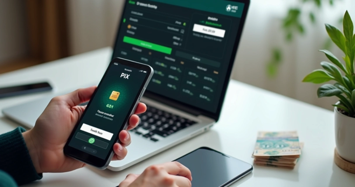 Pessoa usando PIX em smartphone para transação online 