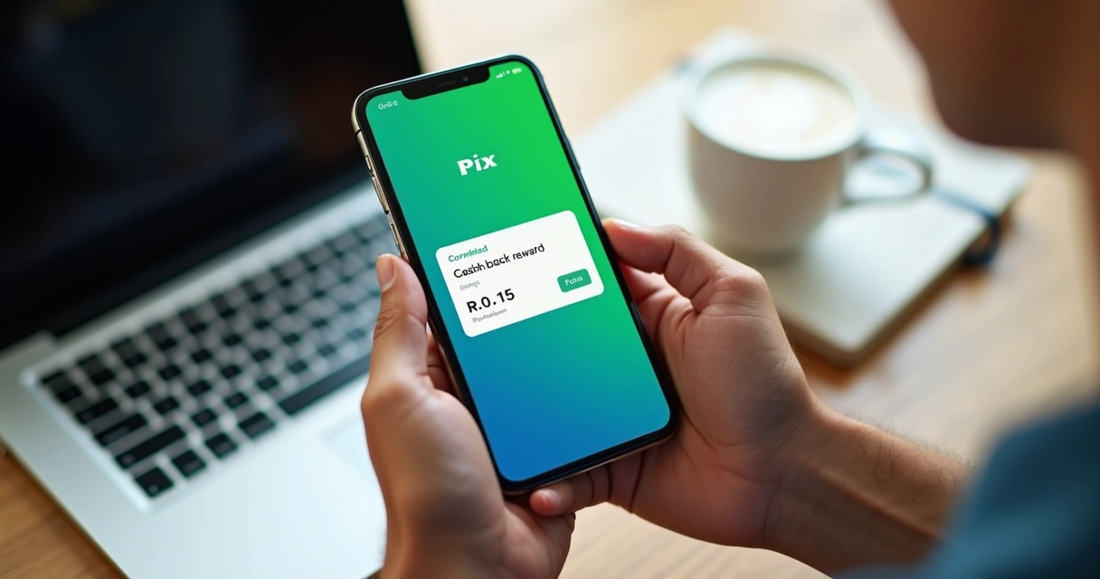 Celular mostrando tela de app com transação Pix e indicação de cashback de R$0,15 na interface digital 