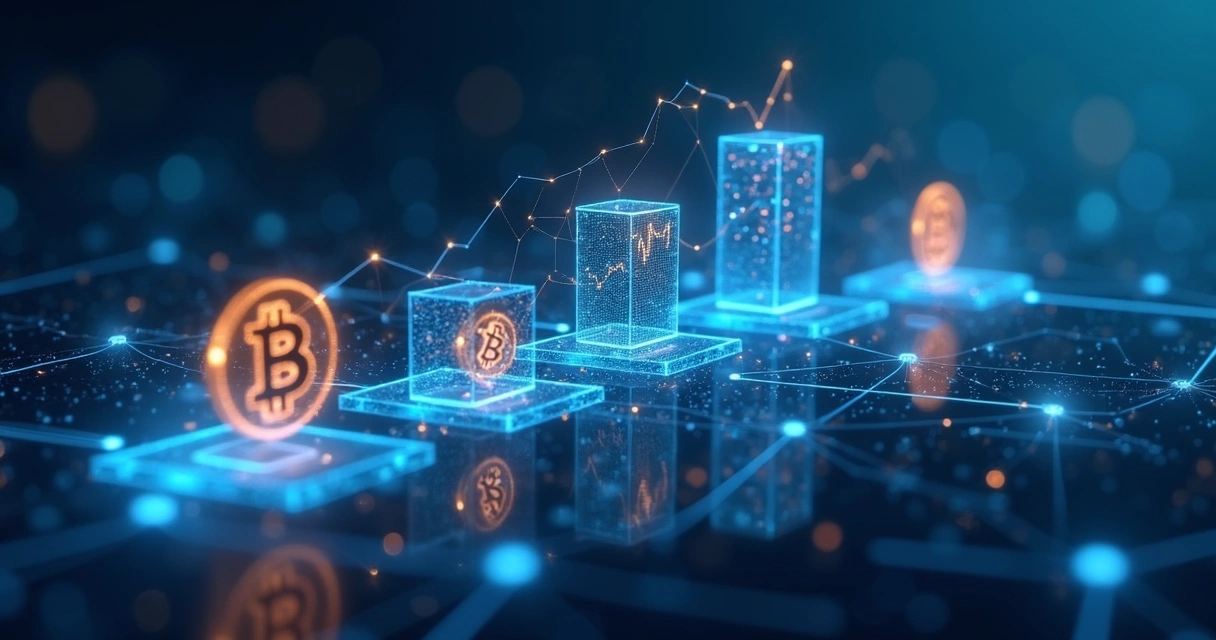 Transações digitais em blockchain com gráficos financeiros e símbolos de criptomoedas em fundo futurista 