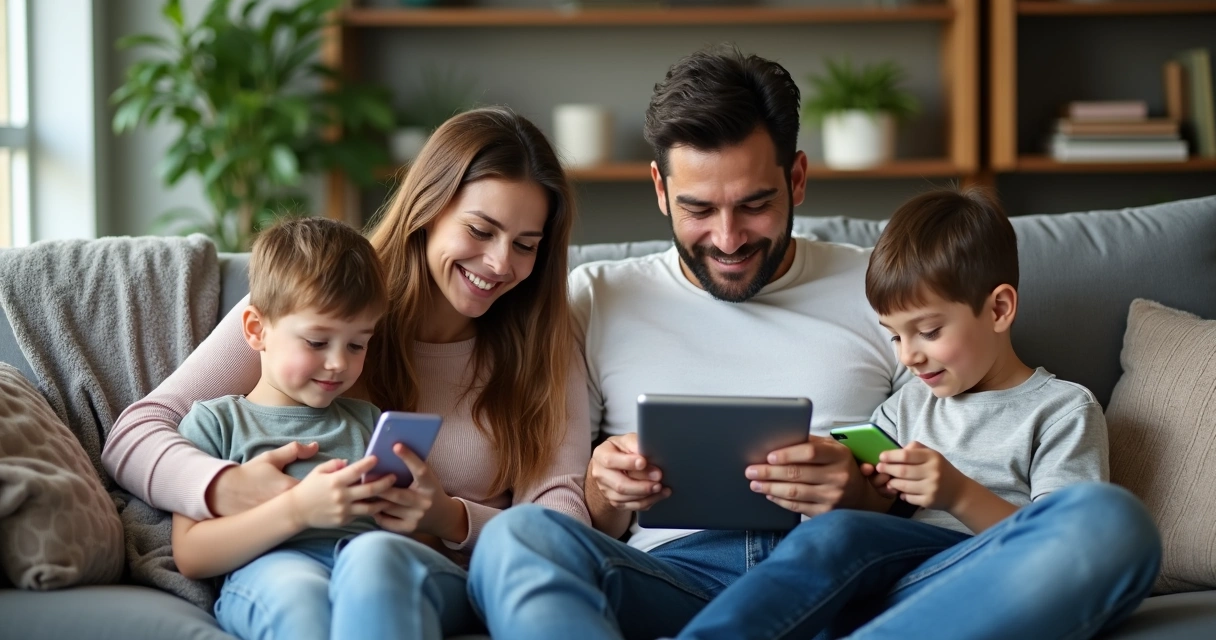Família urbana utilizando aplicativo bancário no sofá de casa