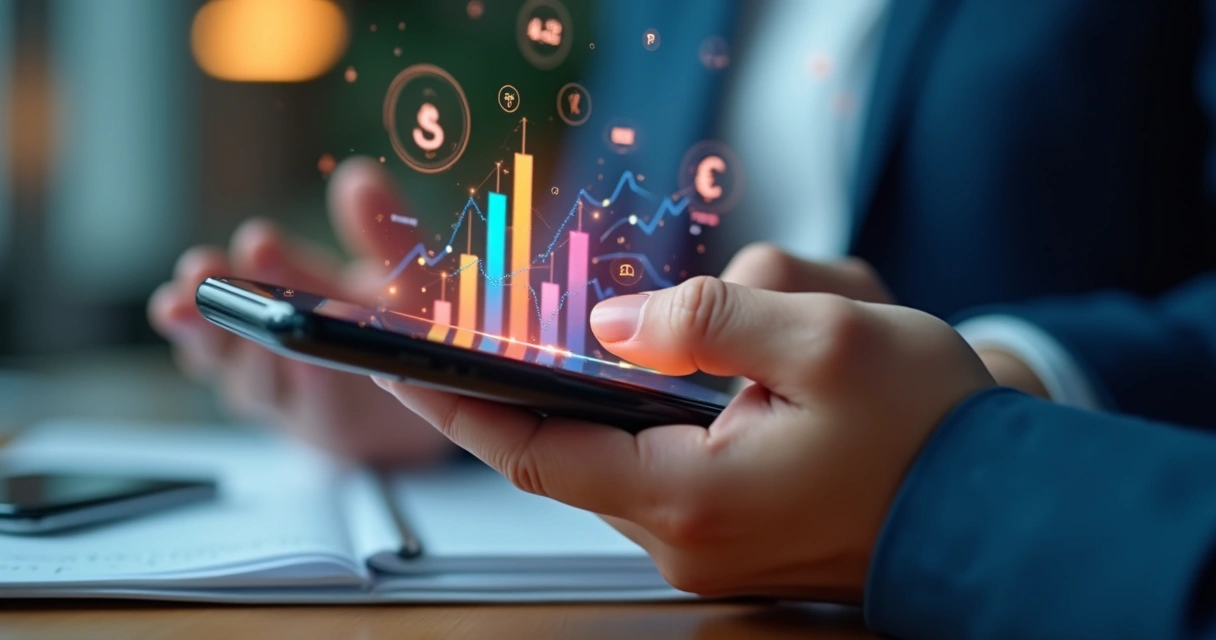 Tela de smartphone exibindo gráficos de transações digitais 
