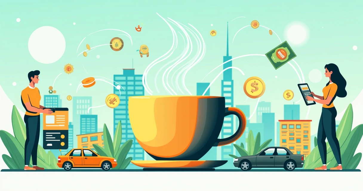 Ilustração de transações financeiras diárias em um ambiente urbano vibrante, com café e venda de carro.