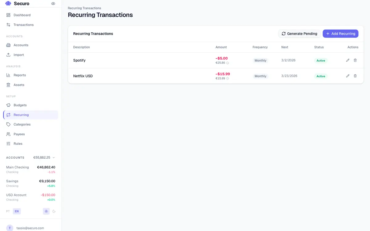 Tela de transações recorrentes com Spotify e Netflix em interface de plataforma financeira