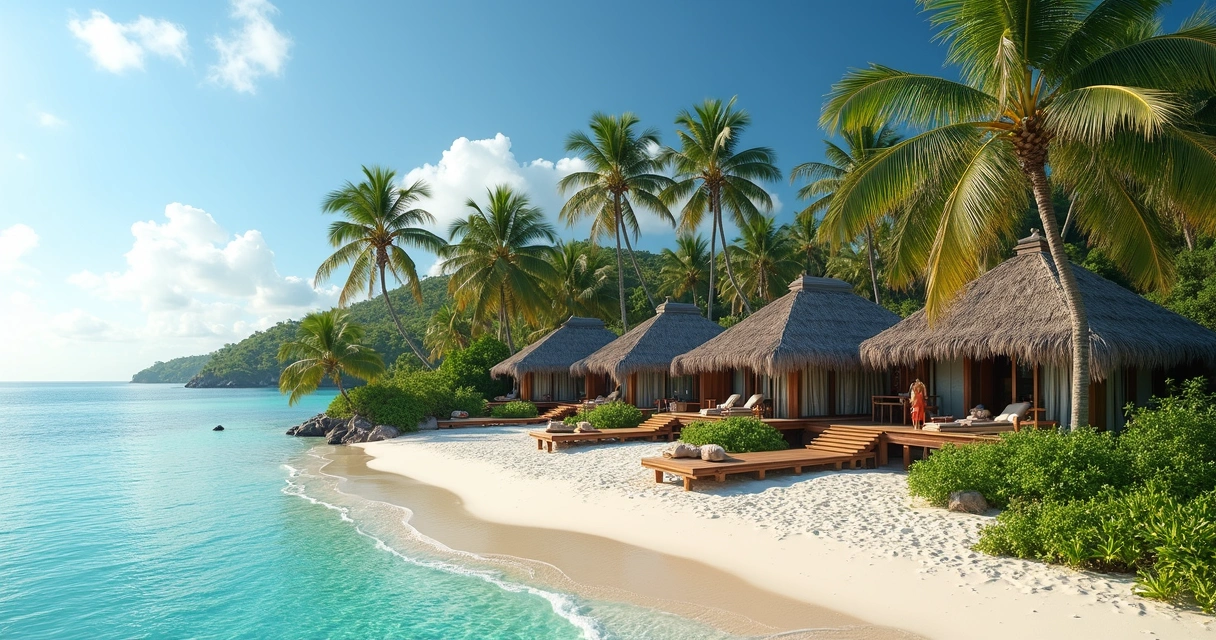 Bangalôs em ilha cercada por coqueiros no resort 