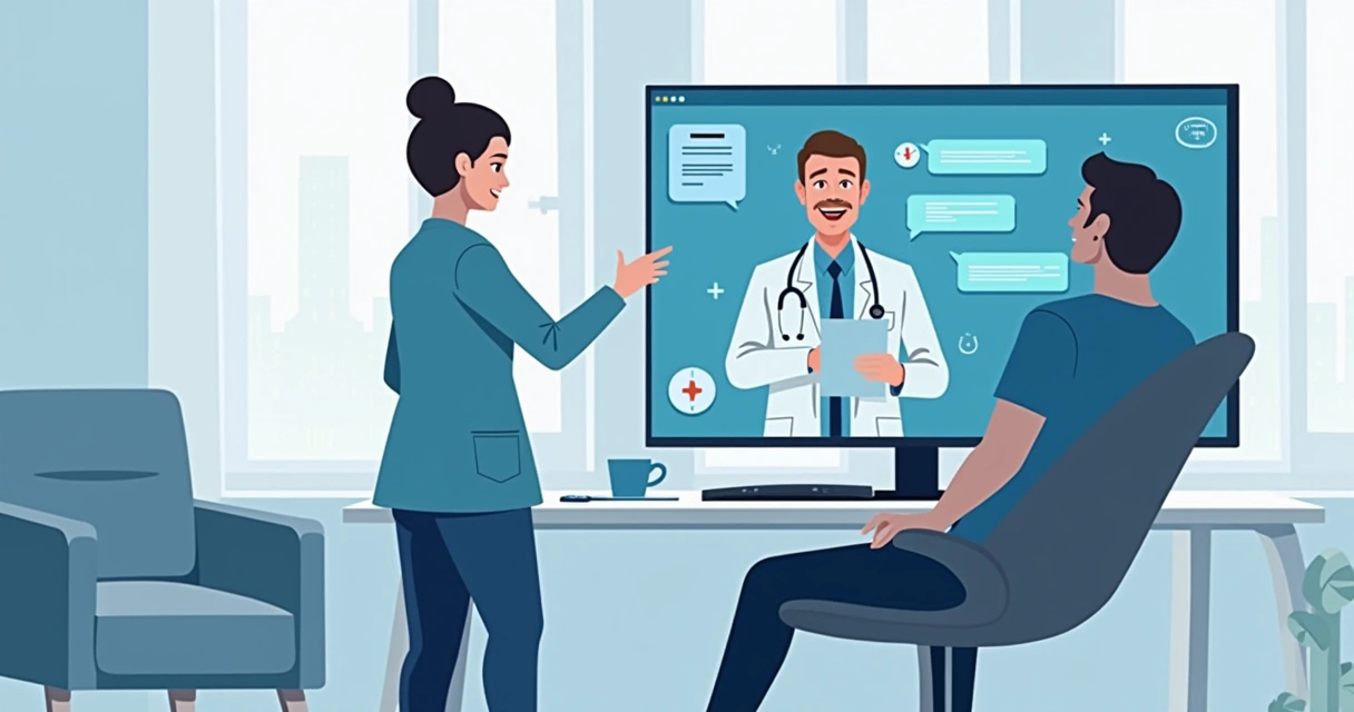 Consultório com paciente e IA transcrevendo consulta em tempo real 