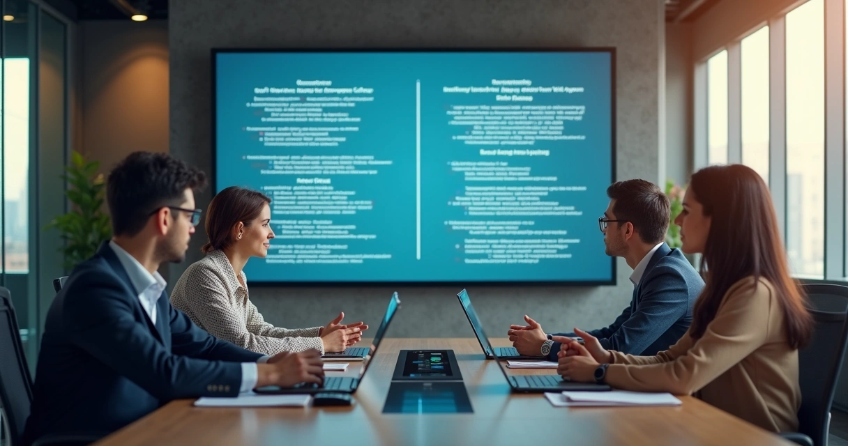 Equipe de negócios em reunião, áudios sendo transcritos em diferentes idiomas numa tela. 